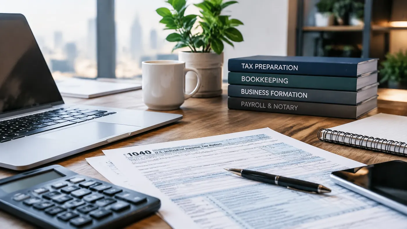 A tidy workspace with tax forms, a calculator, and books for bookkeeping and business support